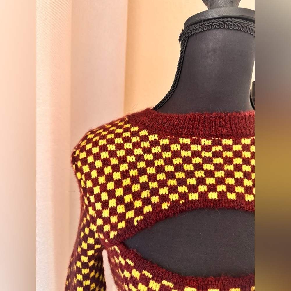 ZARA Checkered Cutout Sweater Burgundy Gold Jacquard Knit S - Picture 5 of 8
